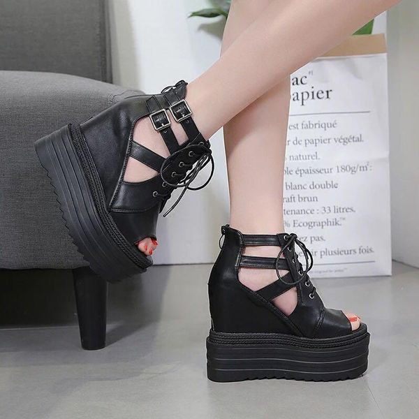 

dress shoes womens 14cm thick bottom wedge sandals female 2021 summer muffin high heel roman increased fish mouth, Black