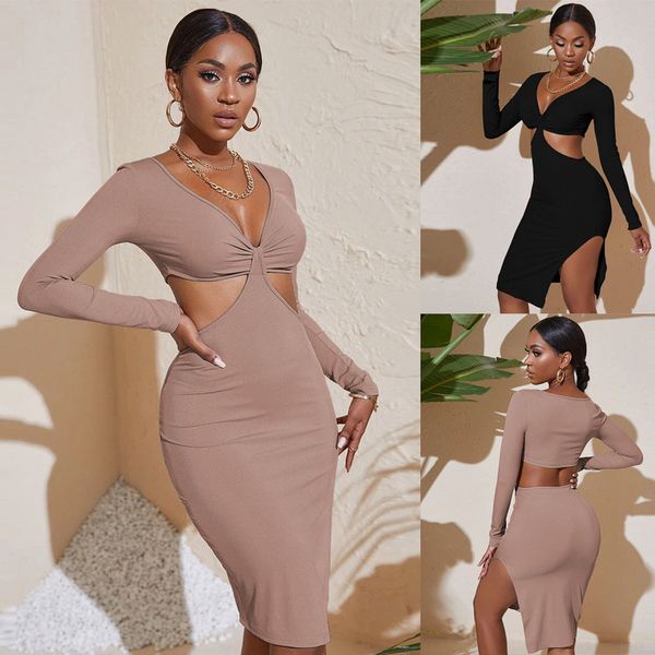 

women's bodycon dress v neck mid rise split wrap chest long sleeve y2k clothing fall, Black;gray