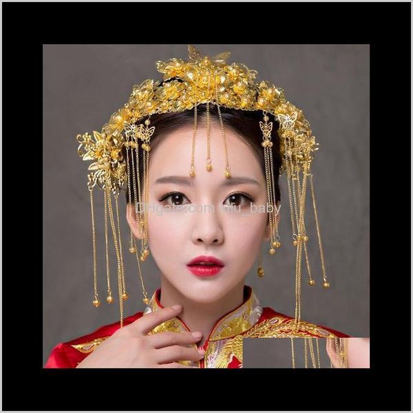

tiaras jewelry drop delivery 2021 chinese bridal hair accessories phoenix crown wedding costume headwear set a-31 r73vk, White;golden