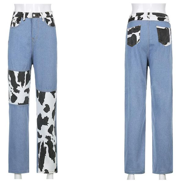 

women's high-waist cow pattern straight-leg loose jeans patchwork vintage boyfriends mom denim distressed streetwear, Blue