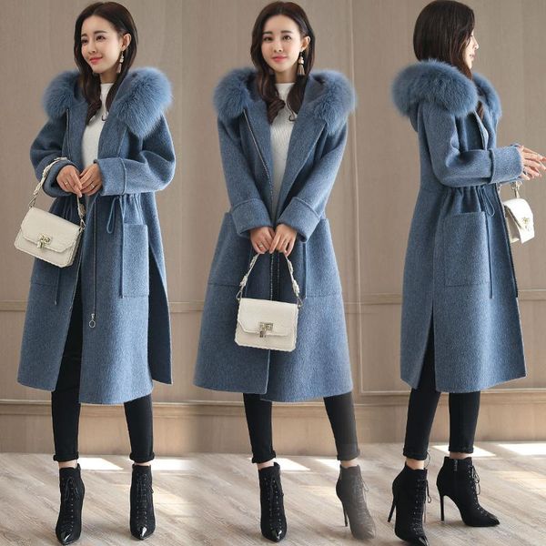 

women's wool & blends high-quality woolen jacket female winter hooded shirring waist long solid color wild fur collar warm coat, Black