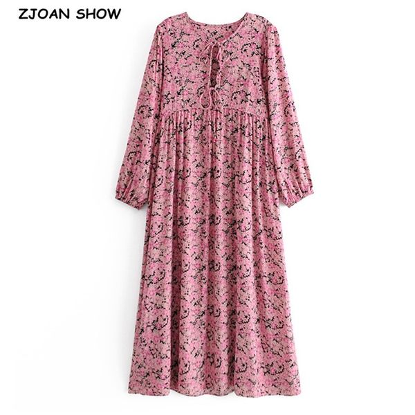

casual dresses 2021 spring bohemia bandage lacing up collar pink flower print dress boho woman long sleeve midi holiday beach 78ao, Black;gray