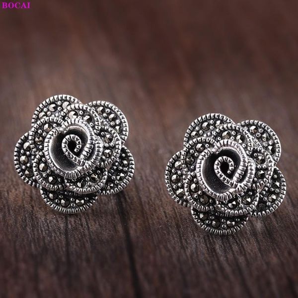 

stud bocai s925 sterling silver earrings handmade fashion elegant thai jewelry small rose flower argentum studs for women, Golden;silver