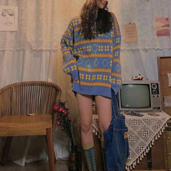 

women's sweaters autumn oversized female sweater mesh the neck of vintage casual blue upper floral loose 90s fashion clothes y4hd, White;black