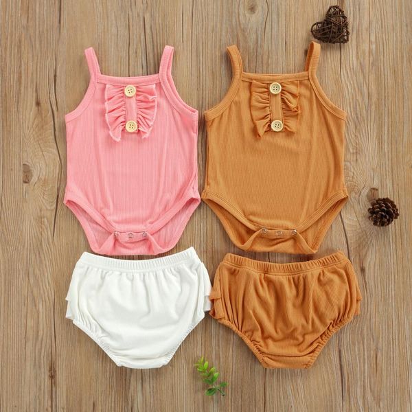 

clothing sets 2021 baby solid color clothes set, girls sleeveless square collar romper + short pants with ruffles, White