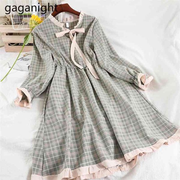 

women casual loose spring dress ladies korean ruffled vintage plaid long sleeve bow midi dresses female slim vestidos 210601, Black;gray