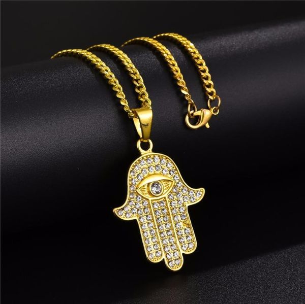 

chains chain mens jewelry hip hop bling micro pave cubic zirconia hamsa hand iced out cool necklace, Silver