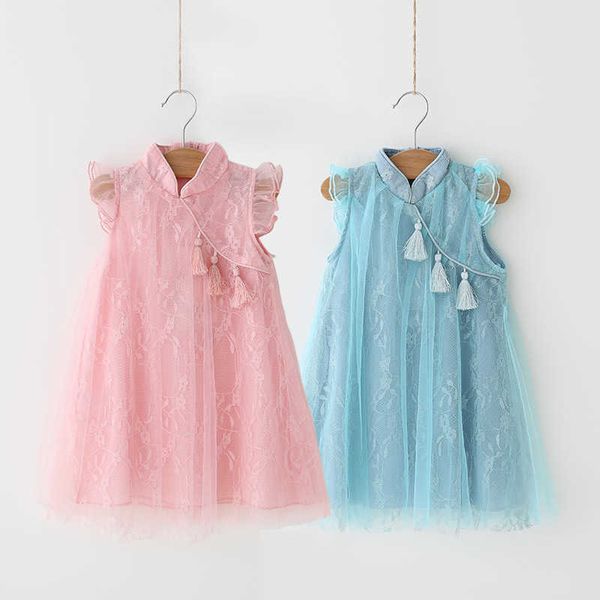 

summer 2 3 4 5 6 7 8 9 10 years chinese cheongsam crew neck party baby tassel lace princess chiffon kids dresses for girls 210529, Red;yellow