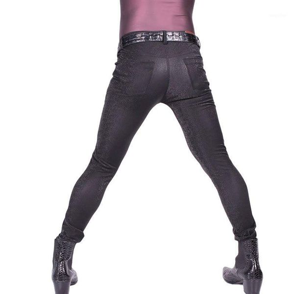 

men's pants tight leggings men seamless outside plus size 3d print punk elastic trousers pu shiny pencil glossy stage jeans, Black