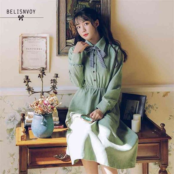 

spring autumn women's shirt dress turn-down collar bow corduroy lady elegant midi es woman vestidos female 210520, Black;gray