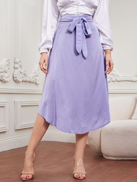 

high waist tie front curved hem skirt w6km#, Black