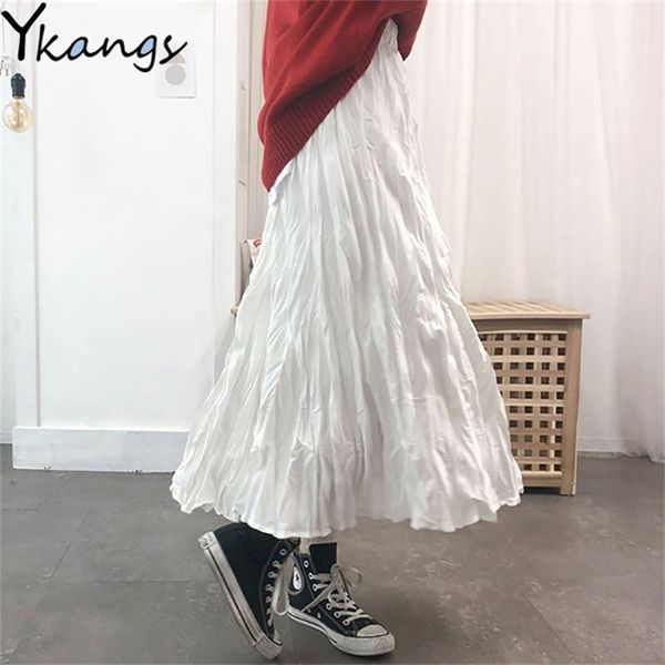 Verão Sólido Branco Preto Gótico Gótico Saias Plissadas Womens Harajuku Cintura alta Long Plus Size Cetim Midi Streetwear 210619