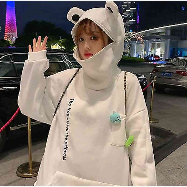 

plush sweater women's medium long super cute hooded frog hoodie pullover, Black