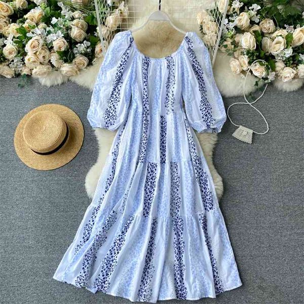 

women fashion summer embroidery floral print long dress elegant ladies o neck 3/4 sleeve a line casual beach holiday 210603, Black;gray