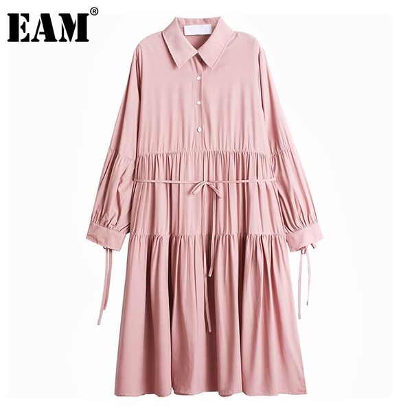 

[eam] women khaki elegant big size pleated sashes midi dress lapel long sleeve loose fit fashion spring autumn 1dd7485 21512, Black;gray