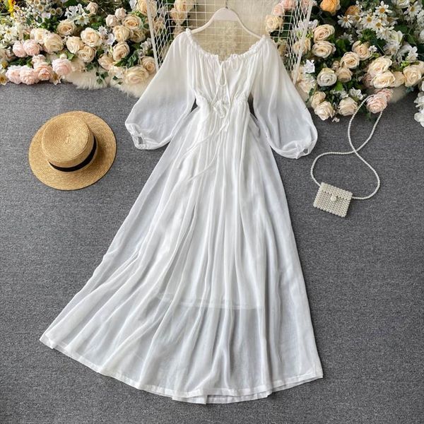 

summer elegant holiday women dress off shoulder lantern sleeve white chiffon slash neck smocked mid calf, Black;gray