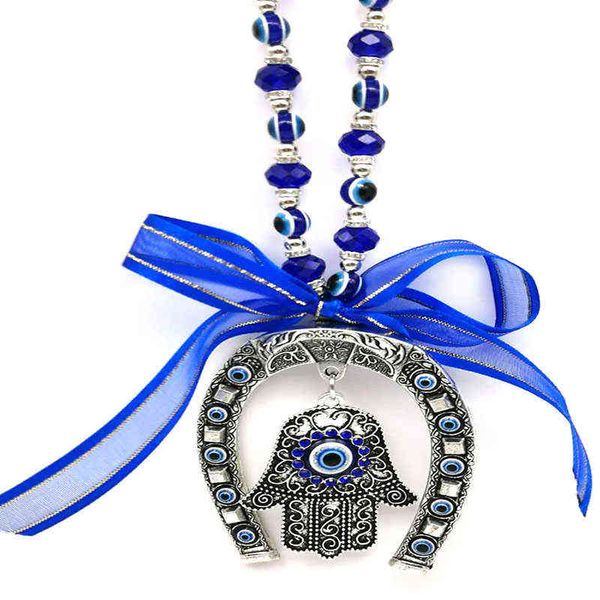 

horseshoe blue eyes and handpalm ribbon key chain pendant doors or windows decorative wall hanging anti - evil as gifts h1126, Silver