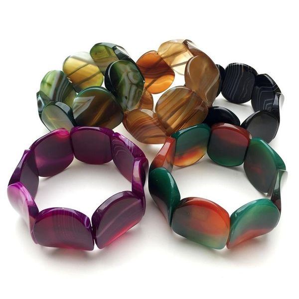 

beaded, strands unique hip-hop jewelry multi color stripes botswana agates beads gem elastic bracelet concave shape, Black