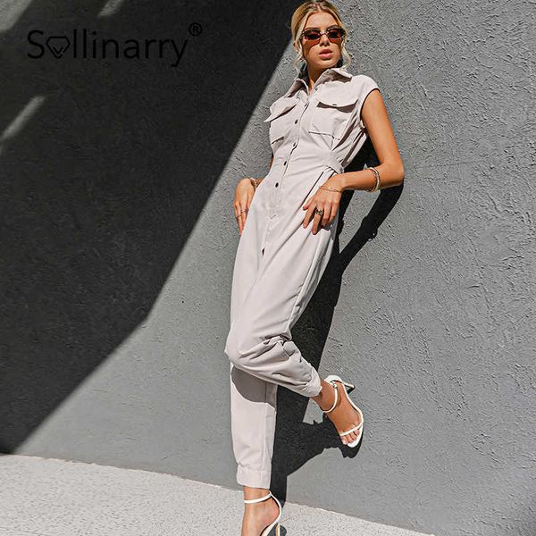 

sollinarry retro sleeveless high waist slim woman overalls cool ankle banded jumpsuit romper pockets grey spring summer playsuit 210709, Black;white