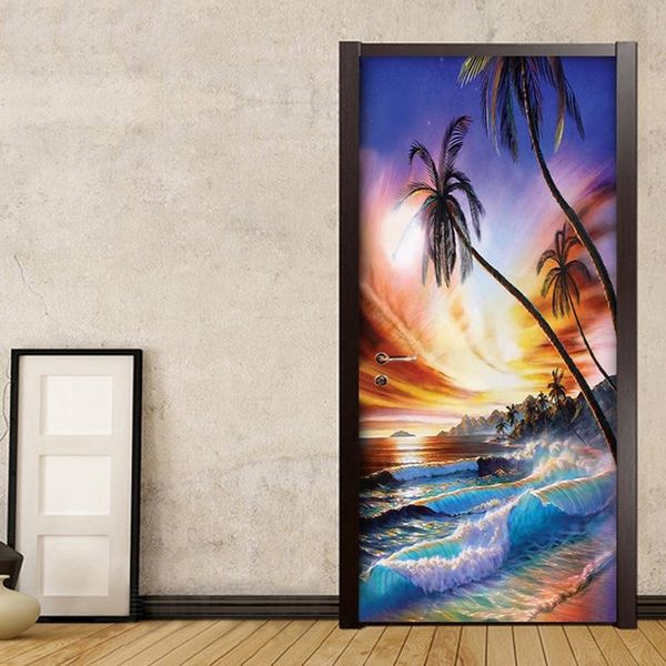 

wallpapers modern 3d door sticker romantic bay coconut tree oil painting landscape wallpaper pvc self-adhesive diy home decor