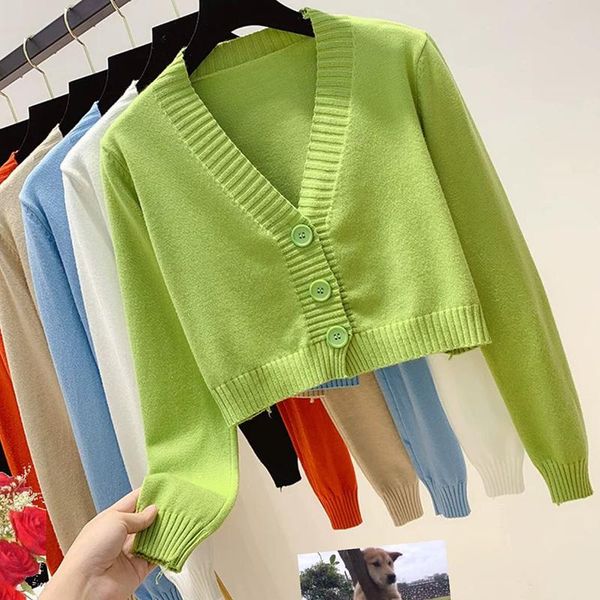 

women's knits & tees ljsxls knitted v neck sweater spring autumn cardigan for women short crop sweaters korean casual long sleeve femm, White