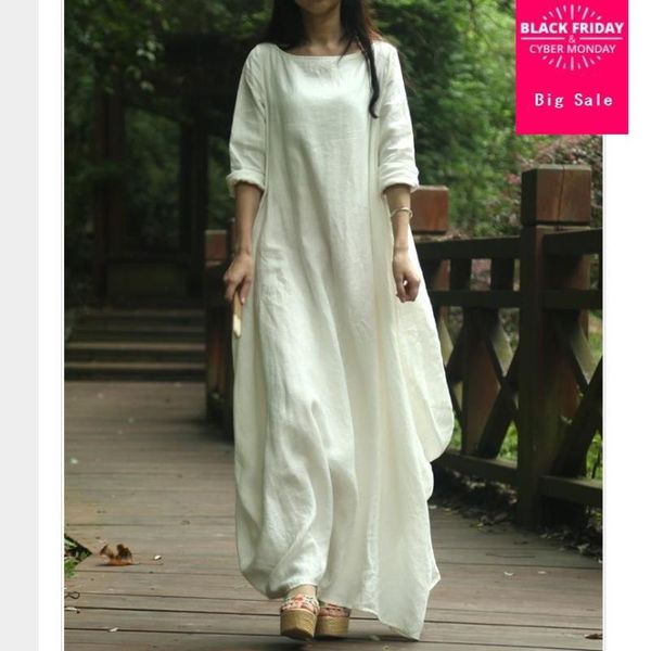 

casual dresses 2021 spring summer style women cotton linen loose long dress slash neck elegant china juniors maxi w397, Black;gray