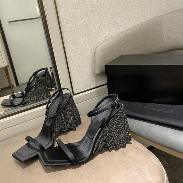 

shoes women summer super high heels fringe sandals genuine leather crystal zapatos de mujer, Black