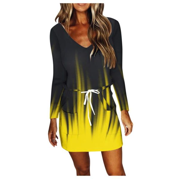

casual dresses 2021 fashion style mini dress women's gradient print waist drawstring round neck beach long skirt, Black;gray