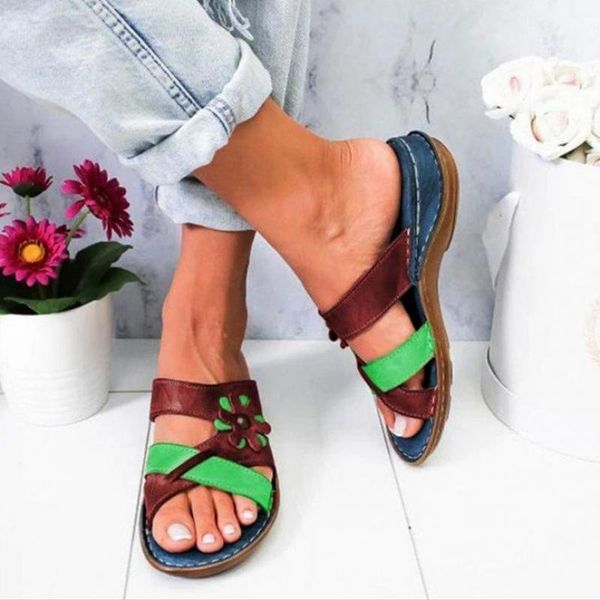 

woman shoes vintage pu slippers mixted color casual wedge ladies slides flower comfort open toe summer zapatillas mujer casa, Black