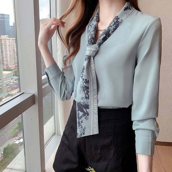 

women's blouses & shirts chiffon blouse v-neck girl's shirt autumn fashion korean long sleeve casual clothing print lady blusas ho, White