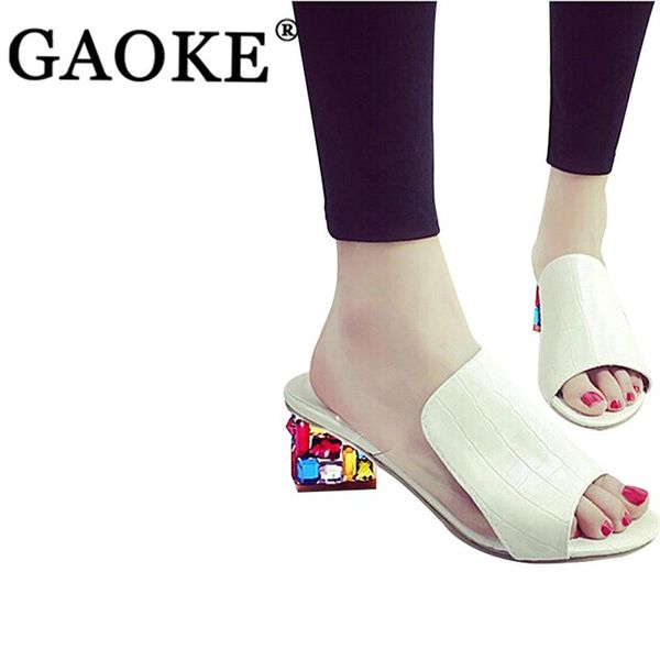 

crystal high heel woman shoes peep toe rhinestone slippers flip flops square sandals lady footwear, Black