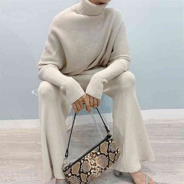 

women 2 piece knitted sets turtleneck batwing sleeve irregular sweater set loose casual elastic waist pants tracksuit 210416, White