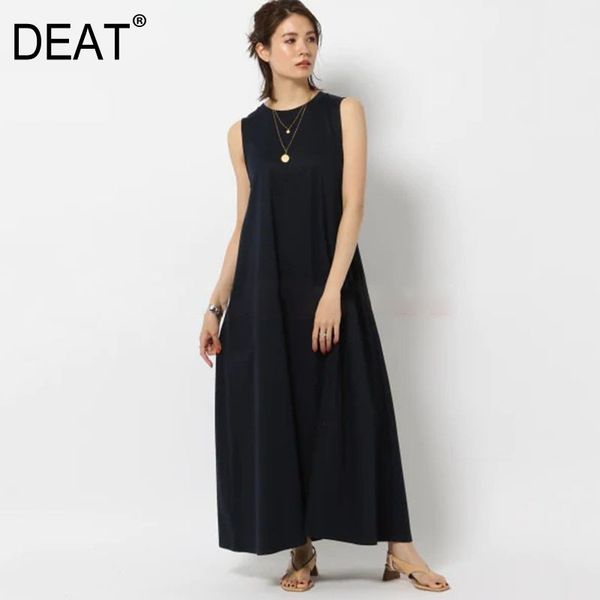 

[deat] summer fashion women round neck sleeveless pullover long clothes dress female women's beach vestido wr864704l 210428, Black;gray