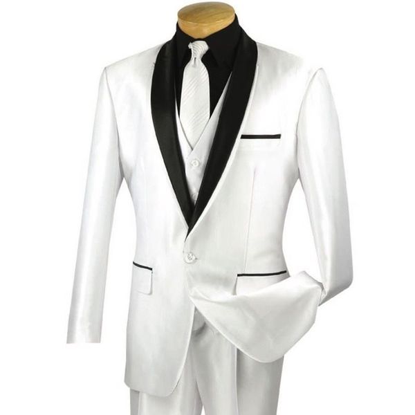 

custom made men's white 3pc sharkskin tuxedo suit w sateen lapel & trim prom wedding groom wear (jacket+vest+pants) y329 suits blazers, White;black