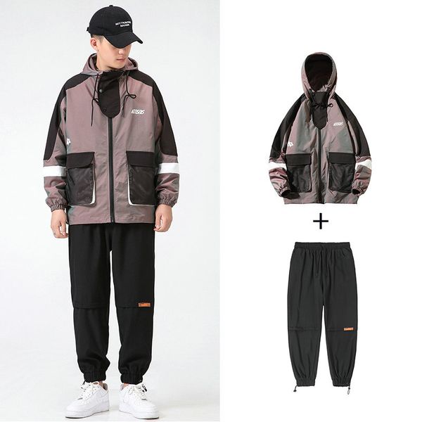 

men's tracksuits fashion jackets with pants hoodies patchwork hip hop jogging homme set waterproof dw79, Gray