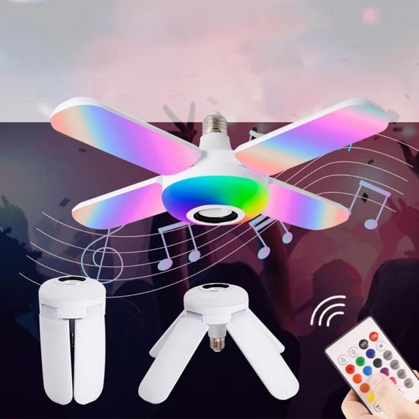 

smart home control e27rgb ceiling lamp deformable led light bluetooth music speaker 4 leaves deformed bulb +remote