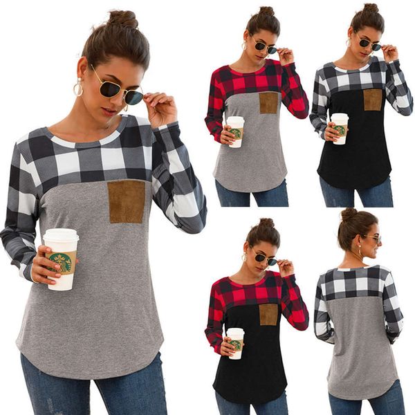 

casual dresses women's autumn round neck plaid stitching long sve pocket t-shirt, Black;gray