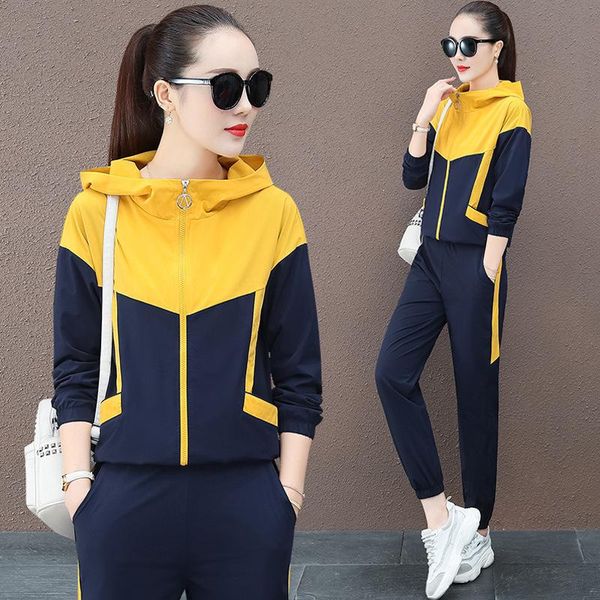 

women's two piece pants 2021 autumn fashion stitching slim long-sleeved running casual sportswear suit spring and two-piece tide, White