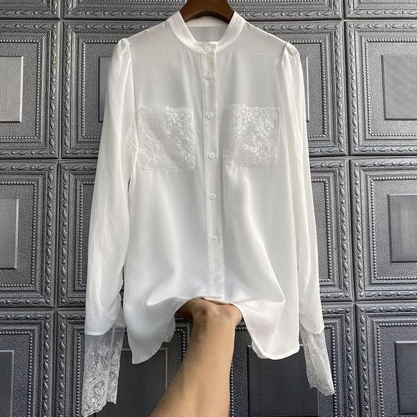 

women's blouses & shirts white lace stitching mulberry silk blouse shirt women top