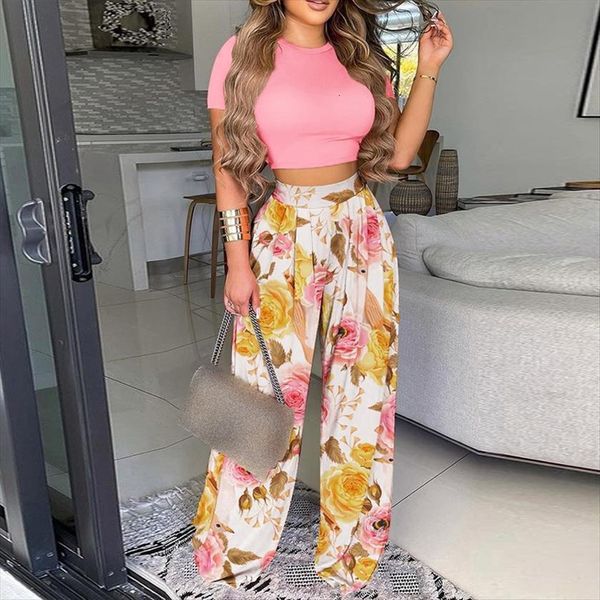 

summer two piece sets elegant womenpant print office outfits o neck short sleeve shirt wide leg pants suits, White