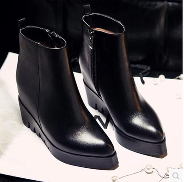 

boots womens leather high wedge heels pointed toe ankle riding side zipper shoes platform black motorcycle punk x003