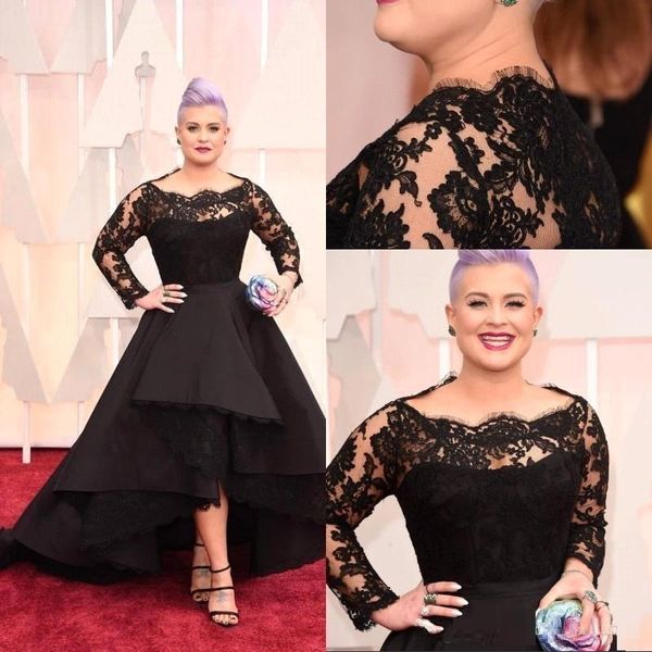 Kelly Osbourne 87th Oscar Awards Vestidos de Tapete Vermelho Bateau Uma Linha Linha Linha Manga Longa Vestido de Noite de Alta Baixa Vestidos de Promotação Celebridade
