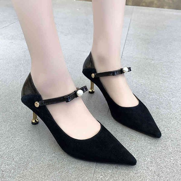 

dress shoes lucyever pearl ankle strap pumps women 2021 pointed toe thin heels ladies high heel sandals office quality ijzi, Black