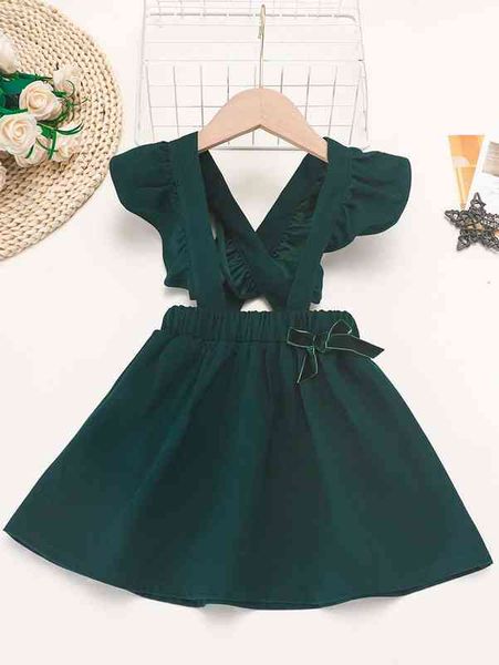 

baby ruffle trim bow front suspender dress she, Red;yellow