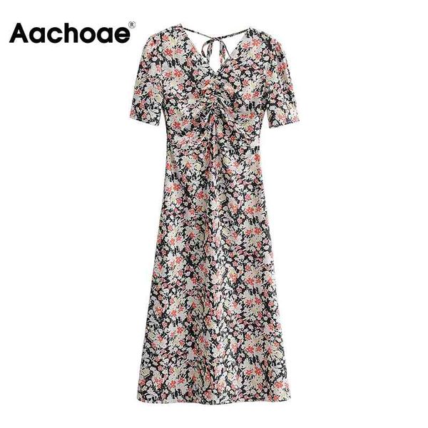 

elegant floral print summer puff sleeve backless party dress v neck lady vintage midi dresses vestido de mujer 210413, Black;gray