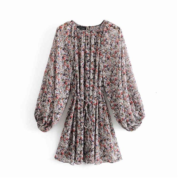 

casual dresses vintage women floral print pleated es autumn fashion ladies sleeve streetwear female chic belt loose blouse a6bk, Black;gray