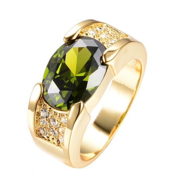 

big oval stone olive green zircon yellow gold rings for men wedding band party jewelry vintage fashion male engagement ring gift cluster, Golden;silver