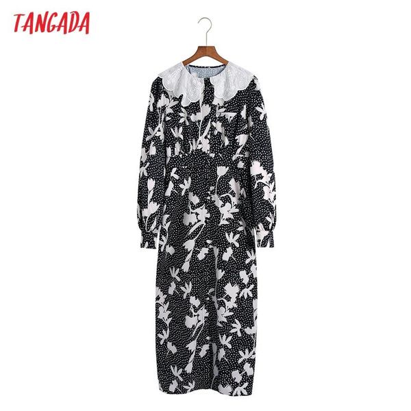 

casual dresses tangada 2021 fashion women flowers print lace collar patchwork dress vintage long sleeve office ladies midi 6z157, Black;gray