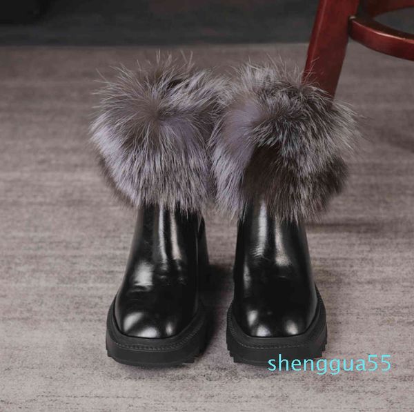 

fashion women genuine leather ankle boots winter non-slip platform shoes for women, girls square heels fluffy black brown 6033