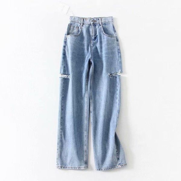 

spring and autumn fashion washed women jeans holes button fly midweight pockets straight, Blue